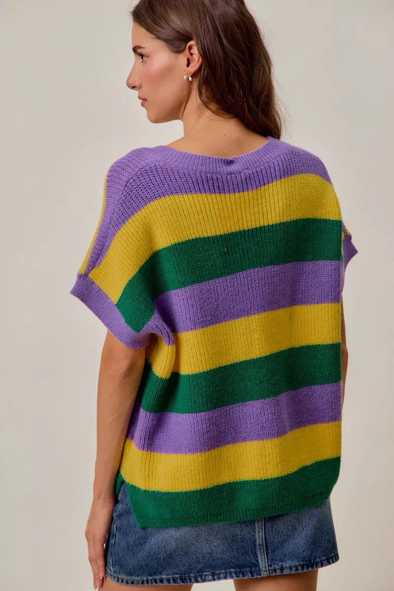SO ME Mardi Gras Loose Fit V Neck Stripe Sweater Top