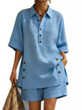 Full Size Casual Linen Button-Down Shirt & Shorts Set Plus Size