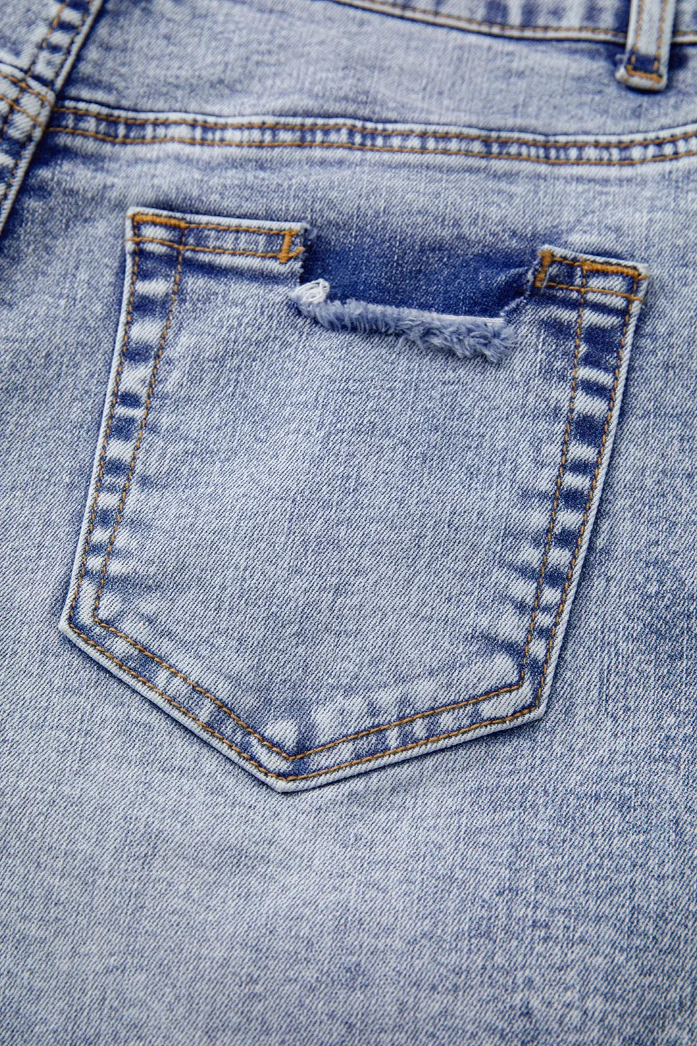 Pearl Studded Pockets Raw Hem Denim Shorts