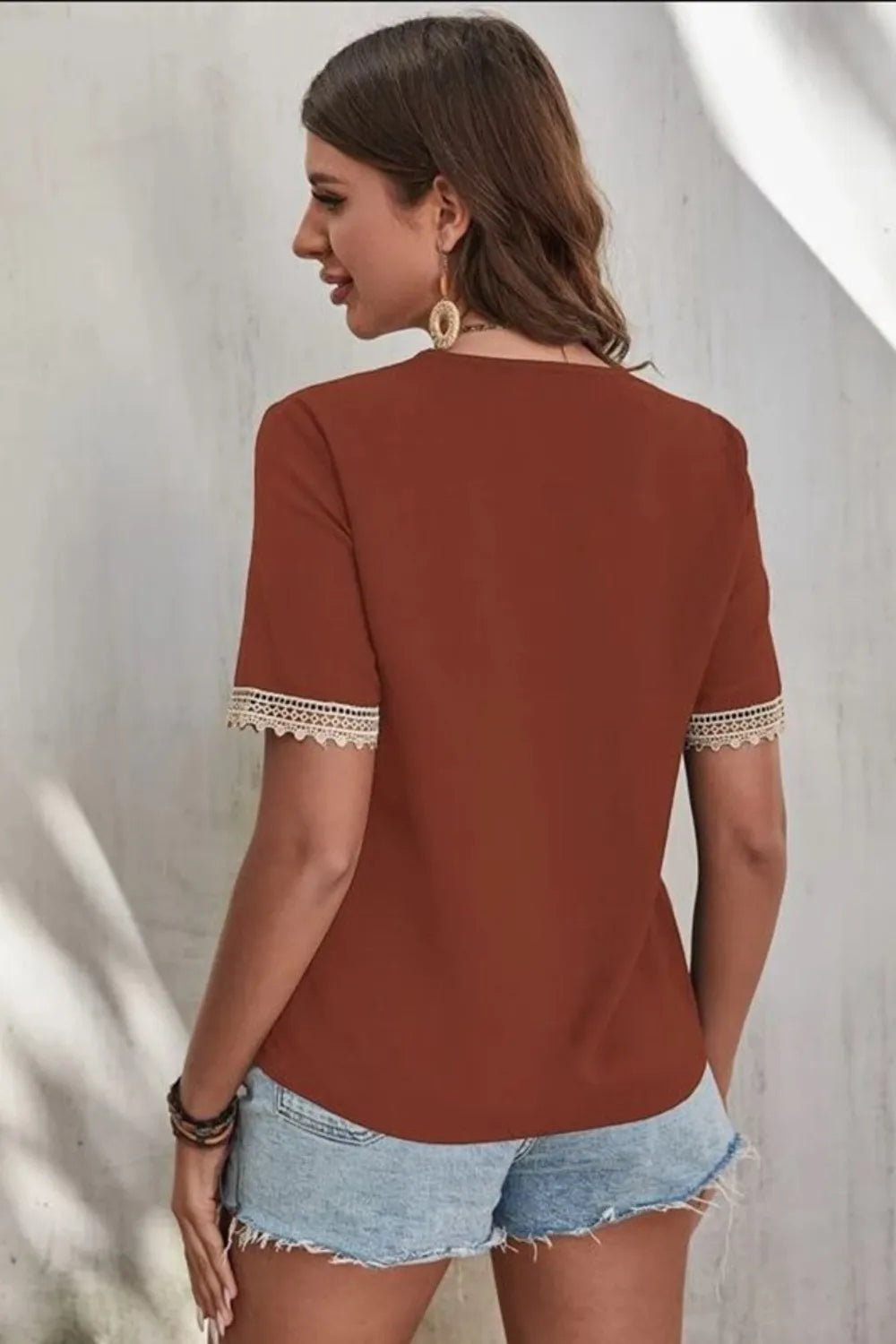 Full Size Lace Detail V-Neck Short Sleeve Blouse Plus Size