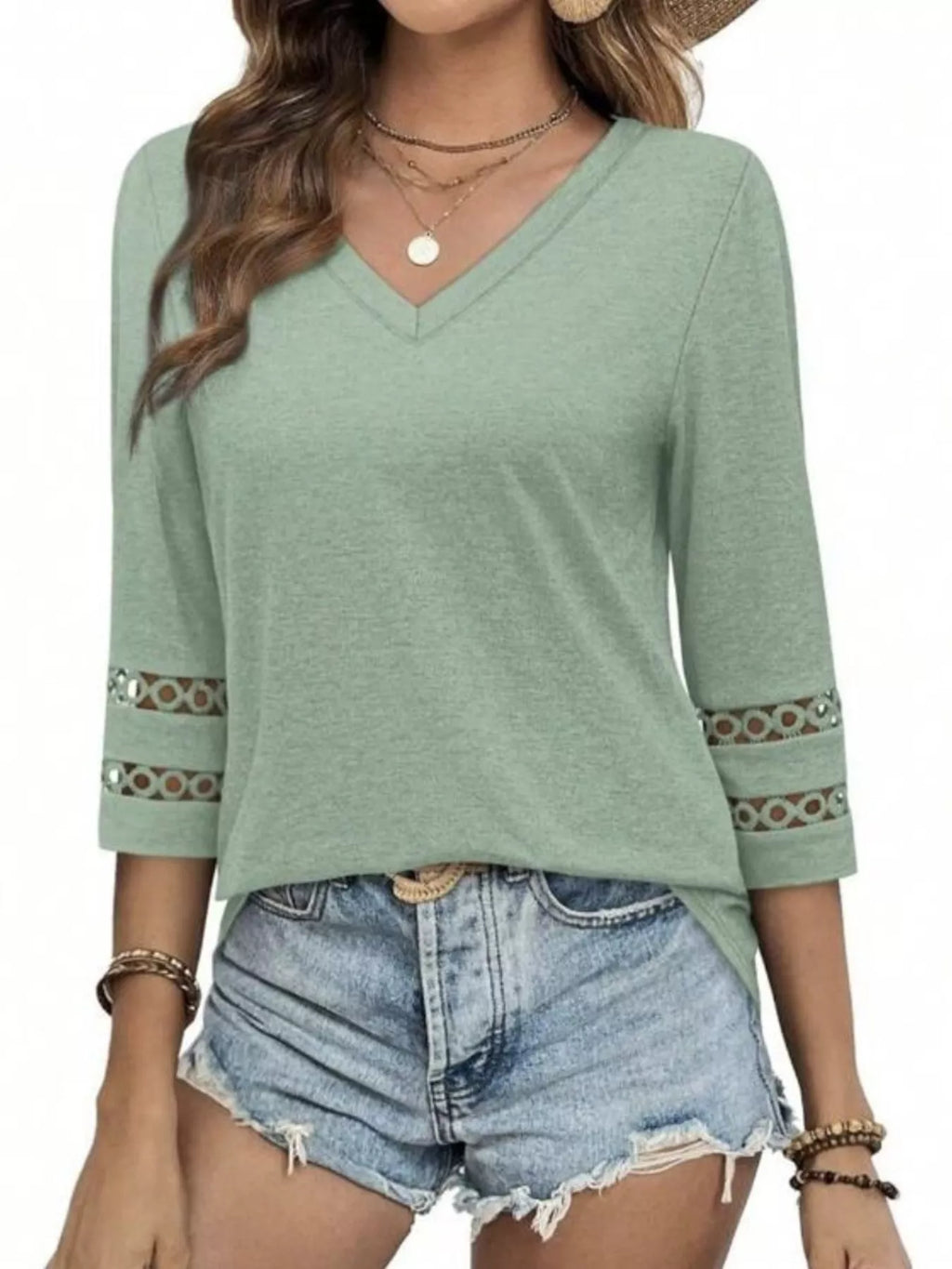 Full Size V-Neck 3/4 Sleeve T-Shirt Plus Size