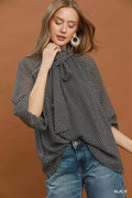 Umgee Dot Print Tie Neck Long Sleeve Blouse