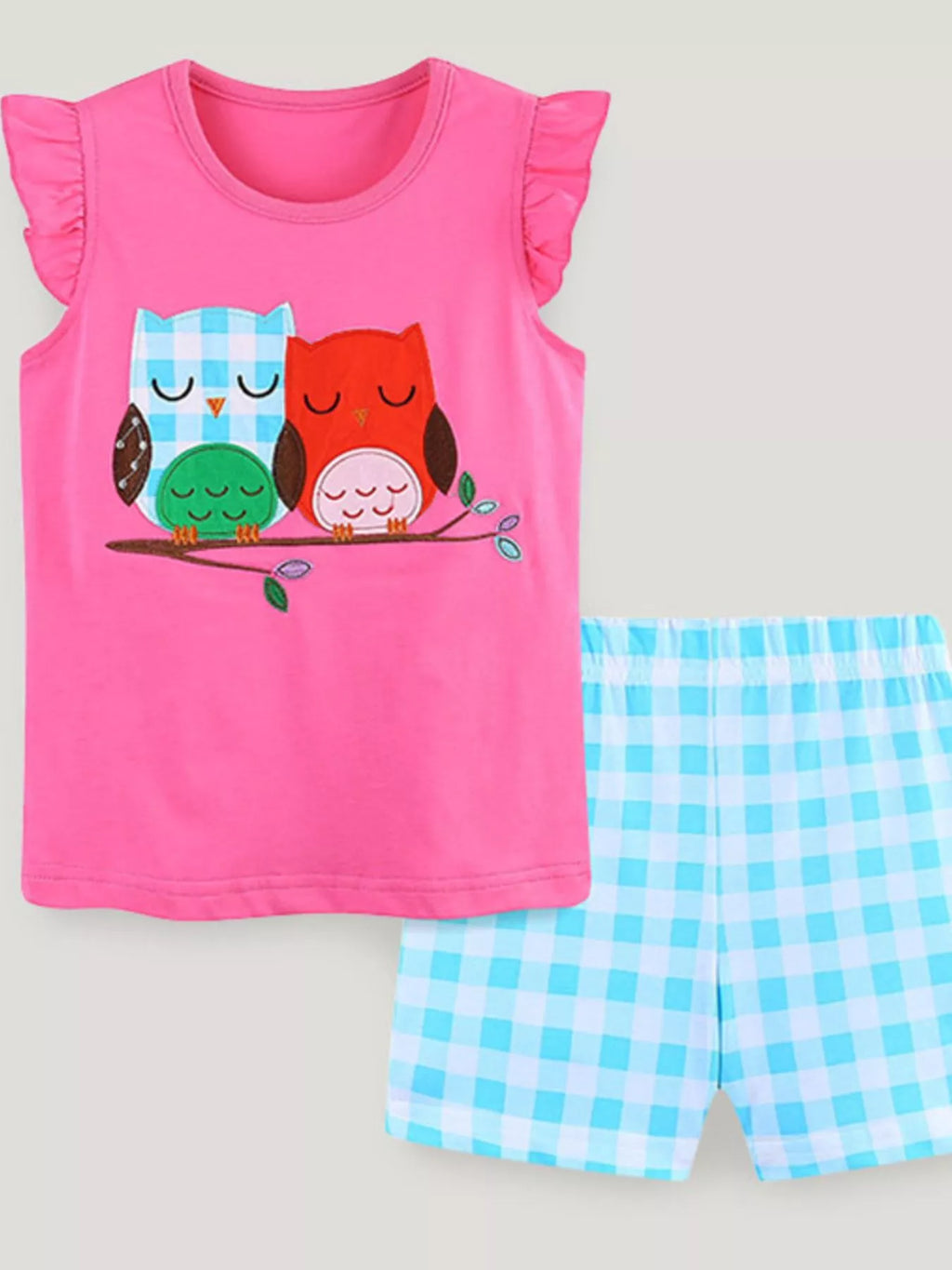 Children's Owl Graphic Top and Plaid Shorts Set
