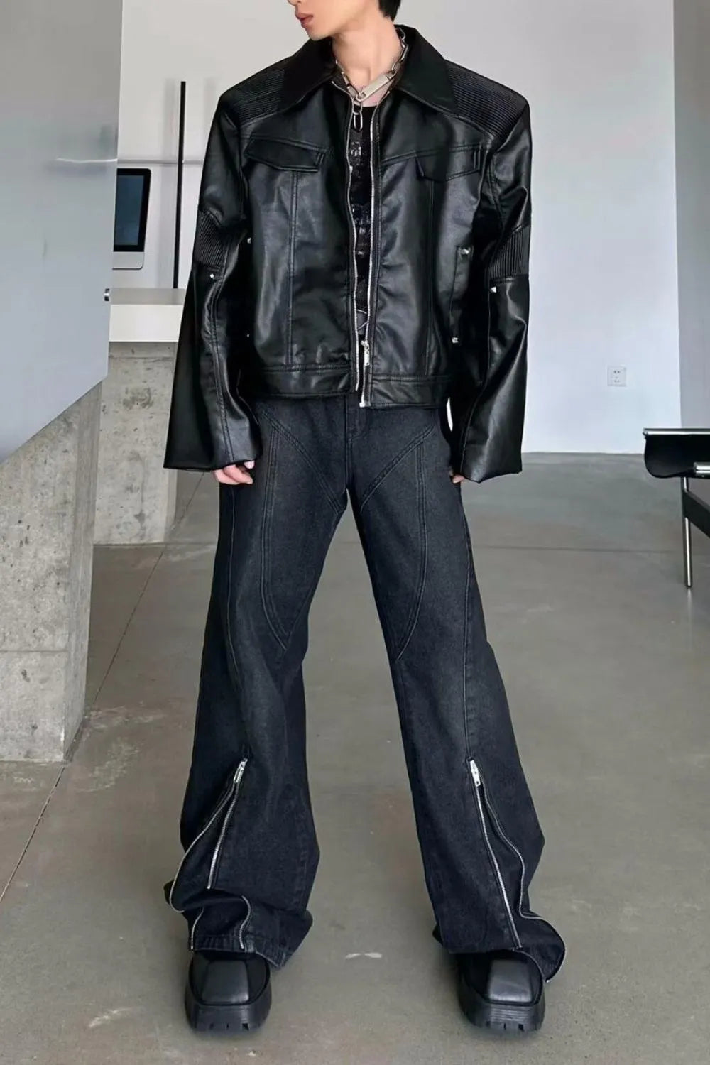 Men's Plus Size Washed Flare Jeans with Zipper Detail