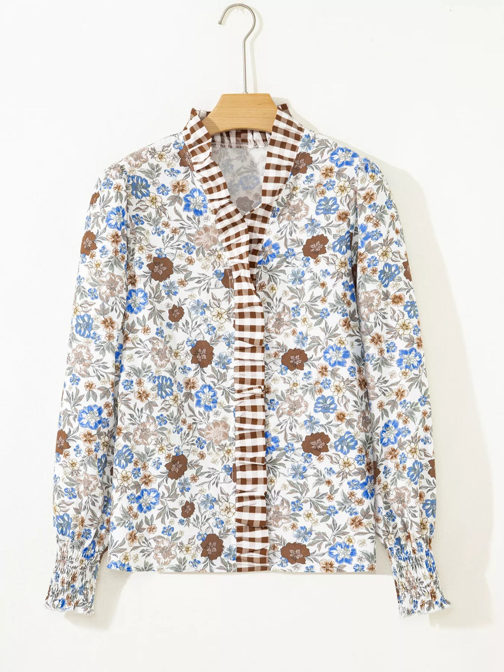 Plaid Frilled Trim V Neck Floral Long Sleeve Blouse