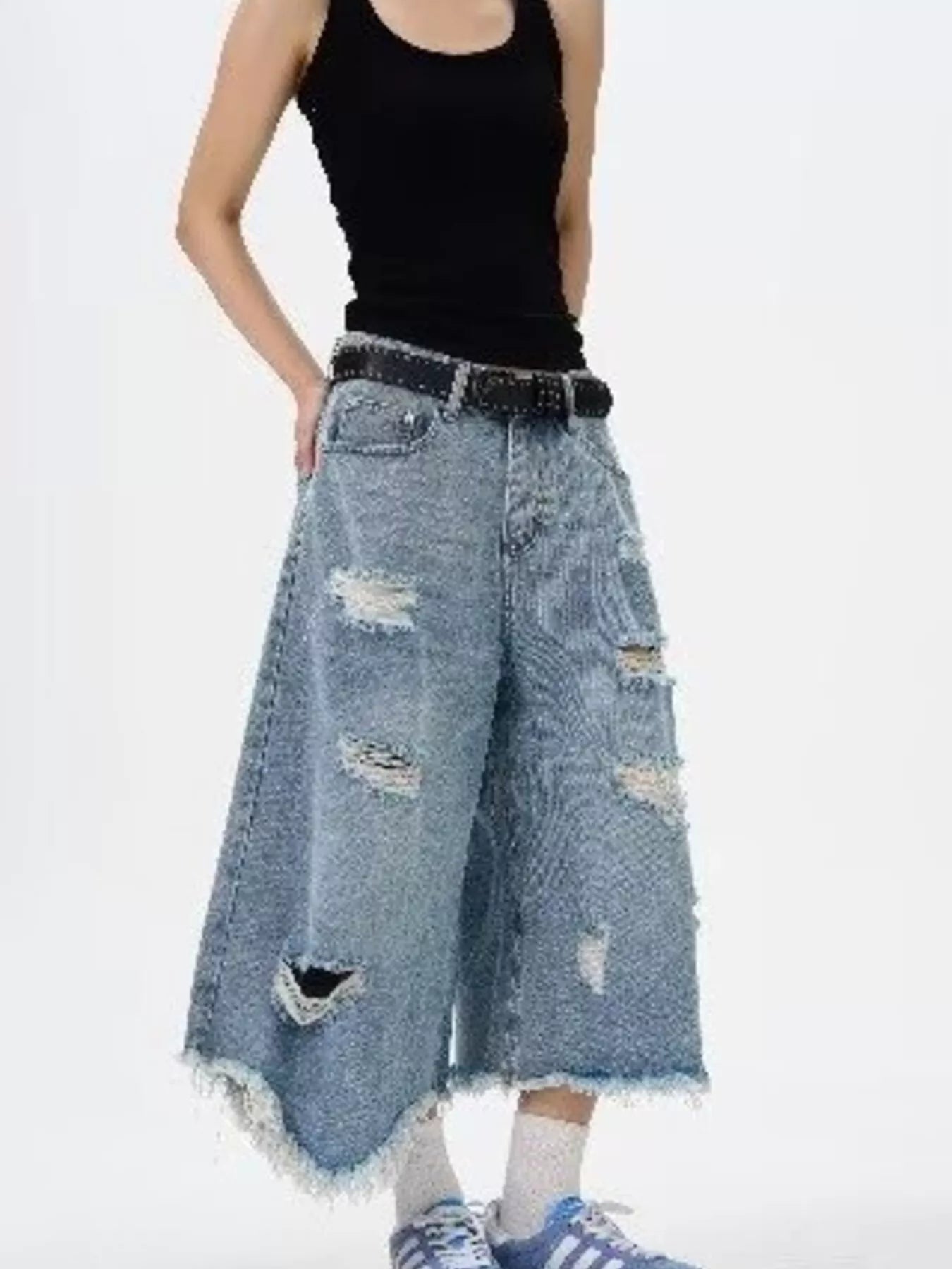 Men's Full Size Distressed Raw Hem Wide Leg Jeans Plus Size
