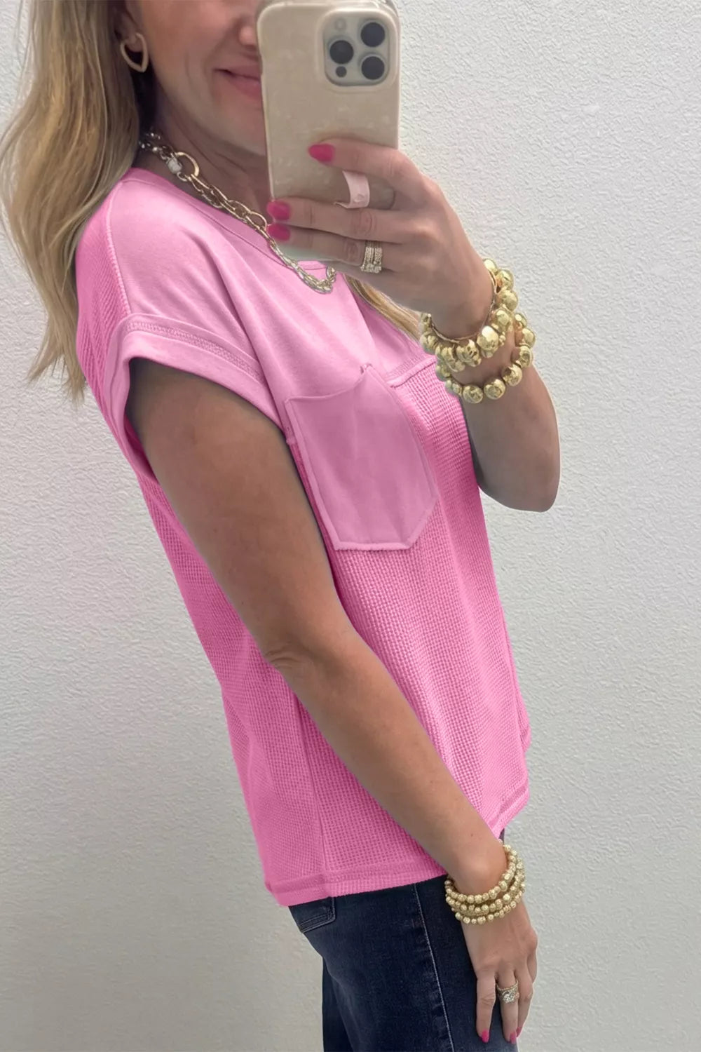Solid Color Raw Seam Waffled Patchwork Casual T Shirt