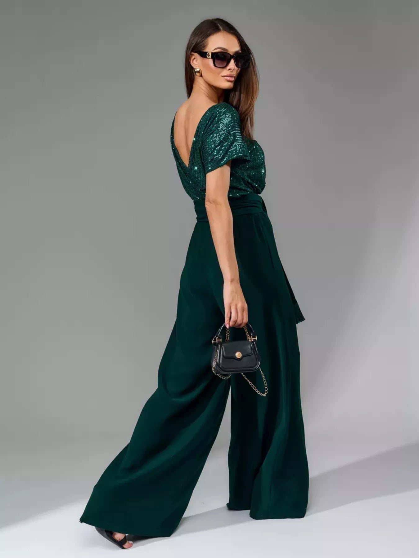 Full Size Sequin Short Sleeve Wide Leg Jumpsuit Plus Size