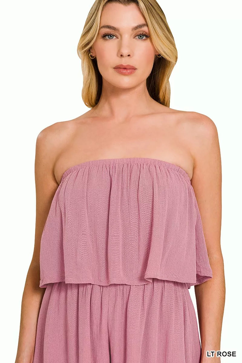 Zenana Woven Crinkle Strapless Rompers