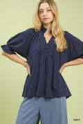 Umgee Linen Scalloped Ruffle Neck Blouse