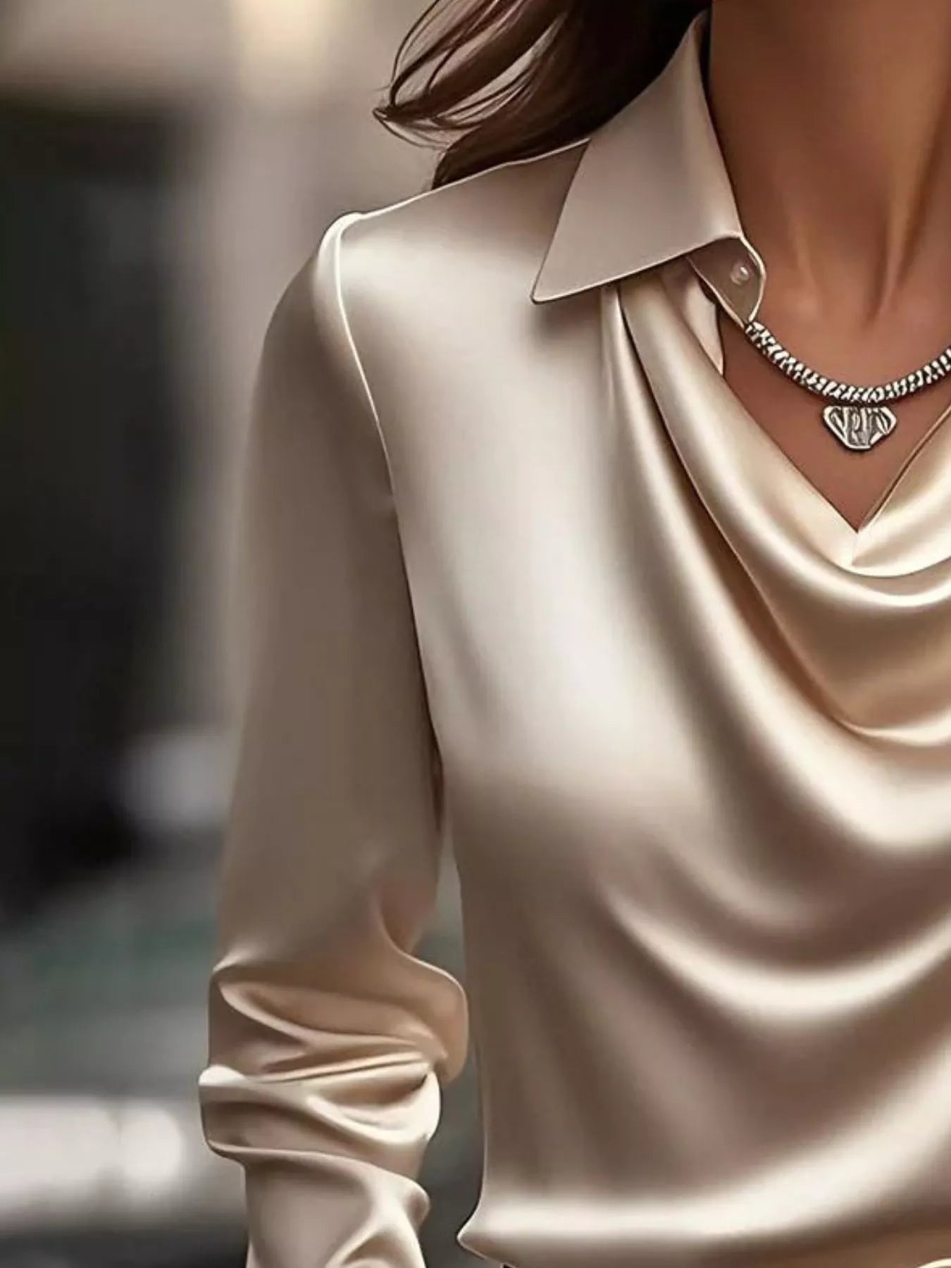 Ruched Long Sleeve Drape Collar Blouse