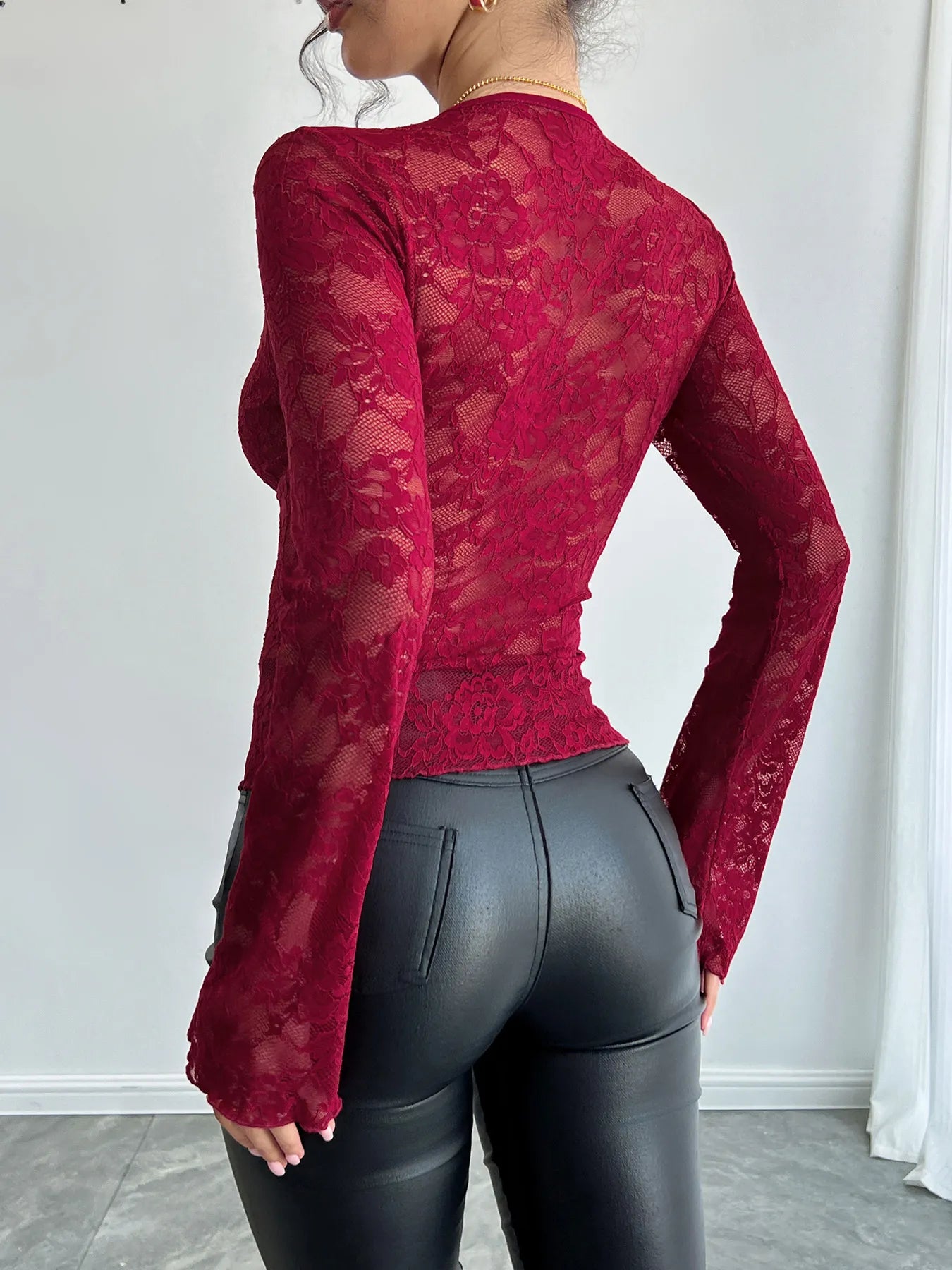 Lace Deep V-Neck Long Sleeve T-Shirt
