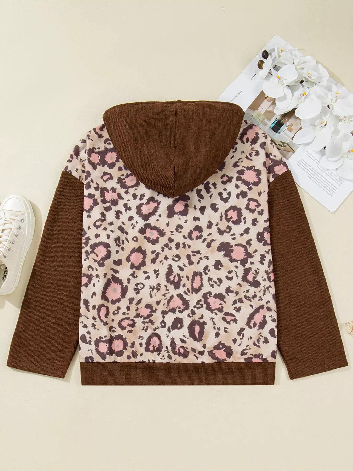 Plus Size Leopard Long Sleeve Drawstring Hoodie