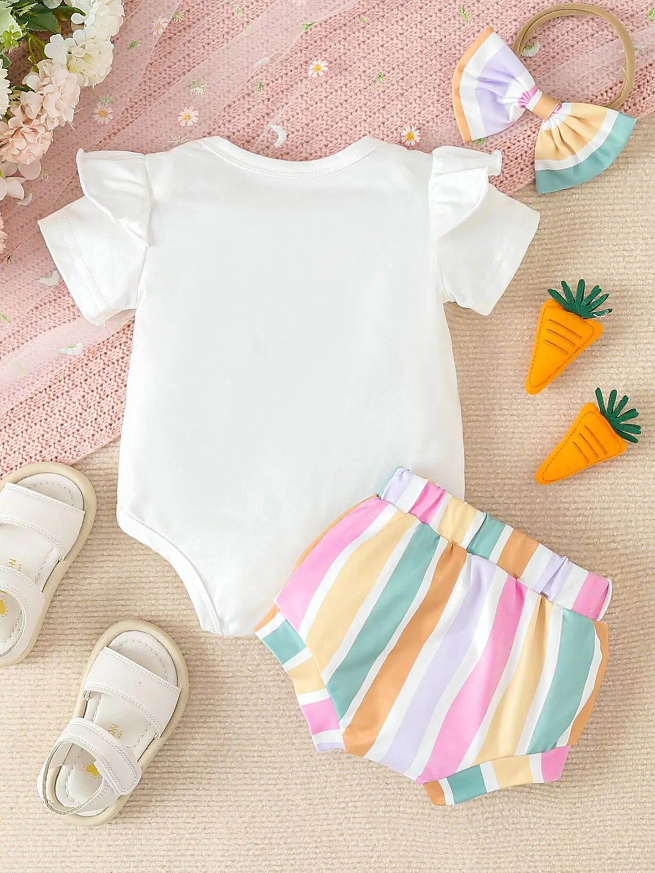 Children's Ruffled Short Sleeve Bodysuit and Shorts Set with Headband
