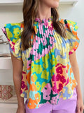 Printed Ruffled Cap Sleeve Blouse