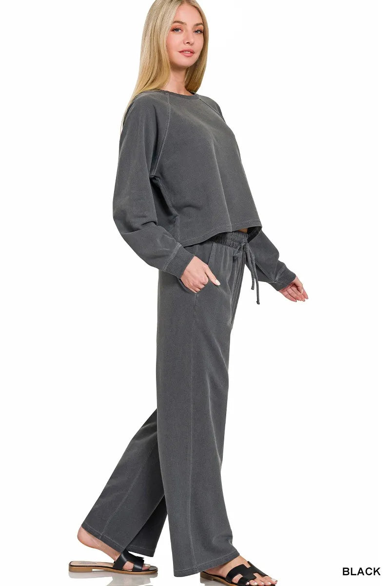 Zenana Washed F/terry Round Neck Pullover & Pants Set