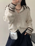 Striped Trim Zip-Up Knit Cardigan