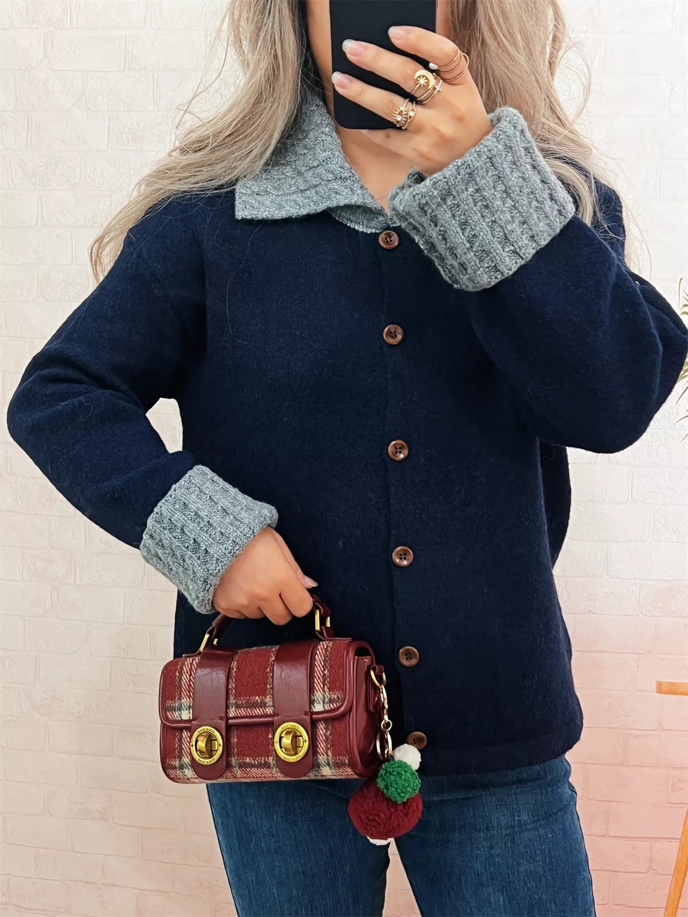 Striped Knit Button Down Cardigan with Collar