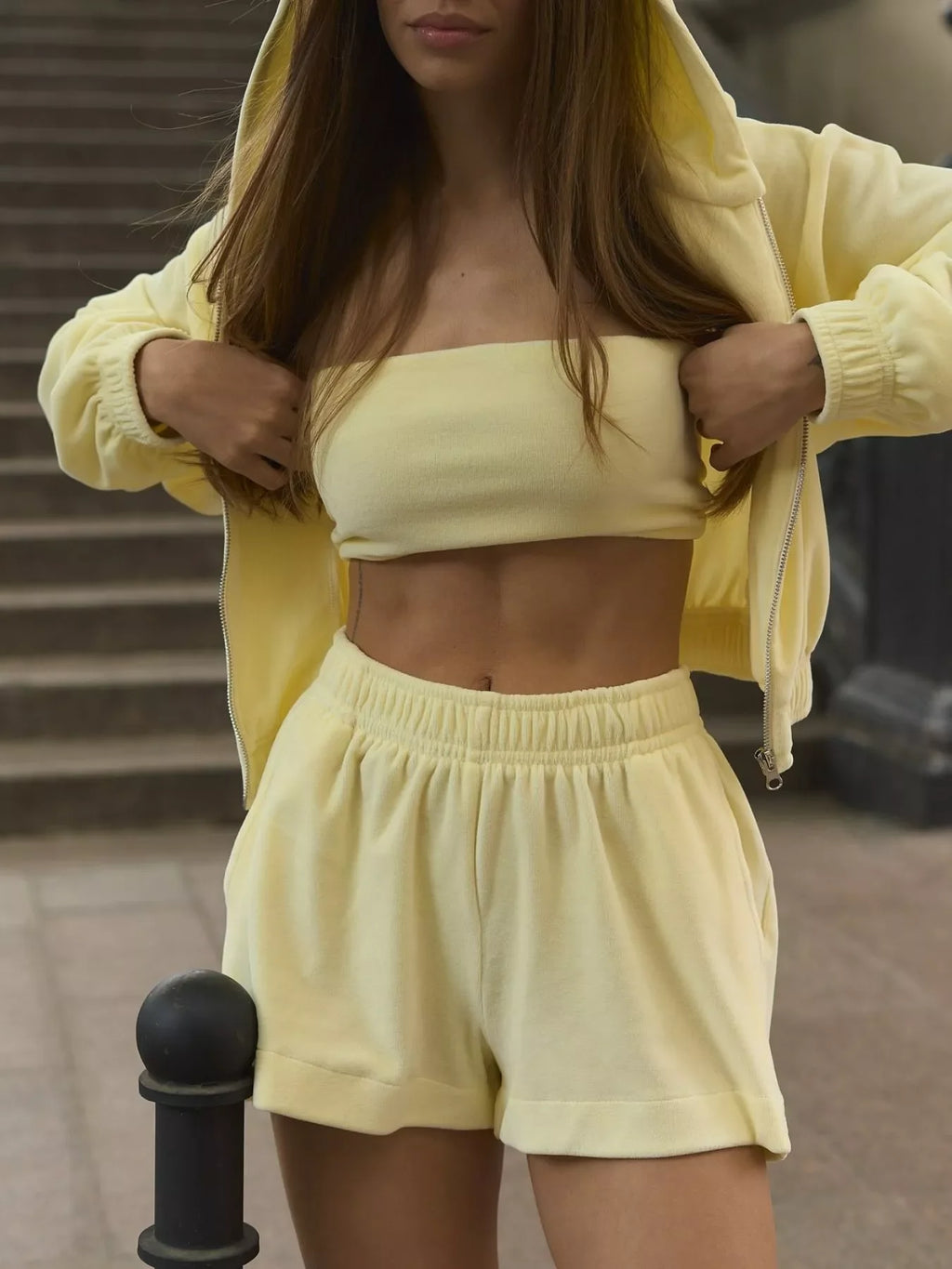 Zip Up Cropped Hoodie and Shorts Set