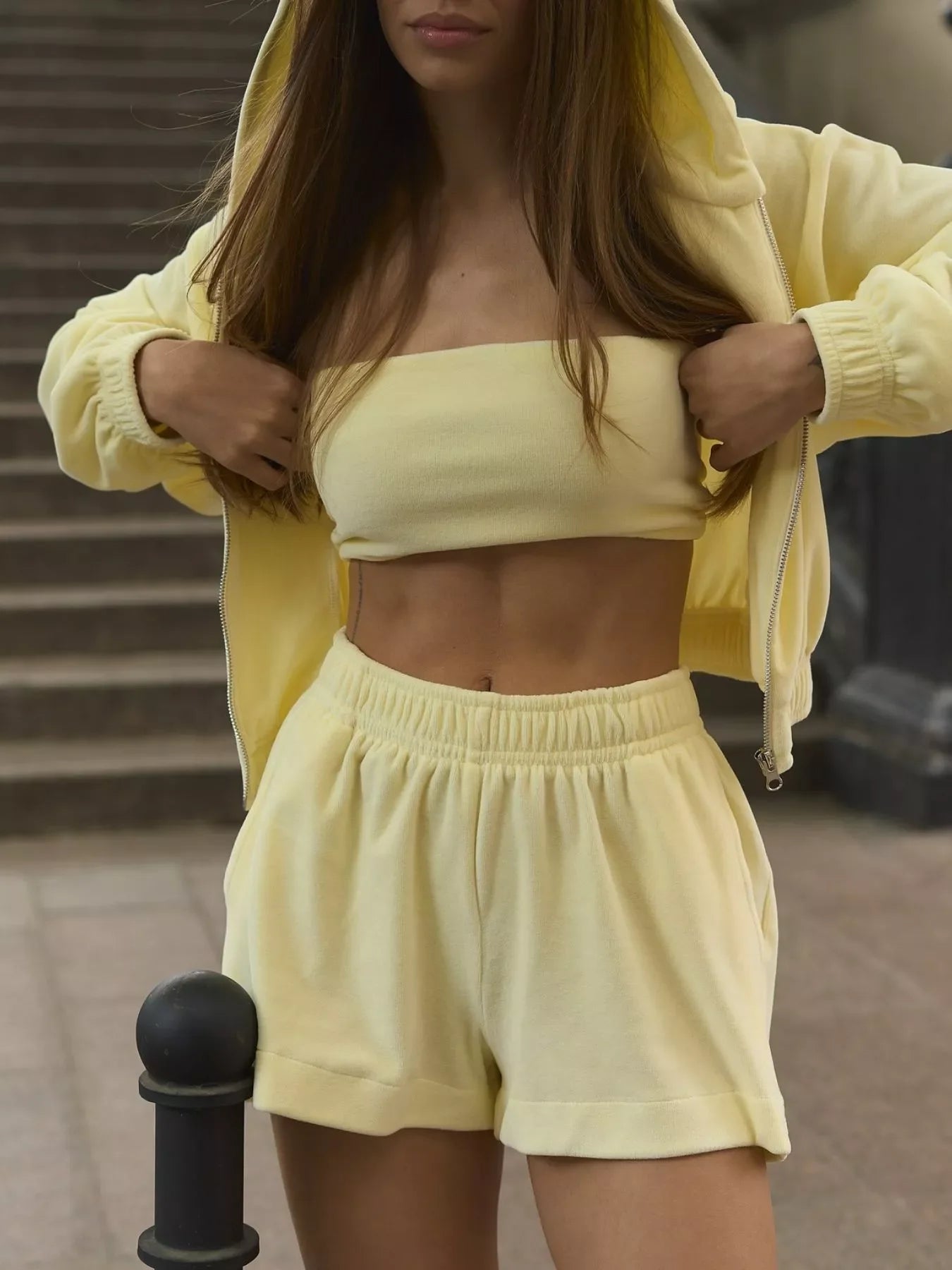 Zip Up Cropped Hoodie and Shorts Set