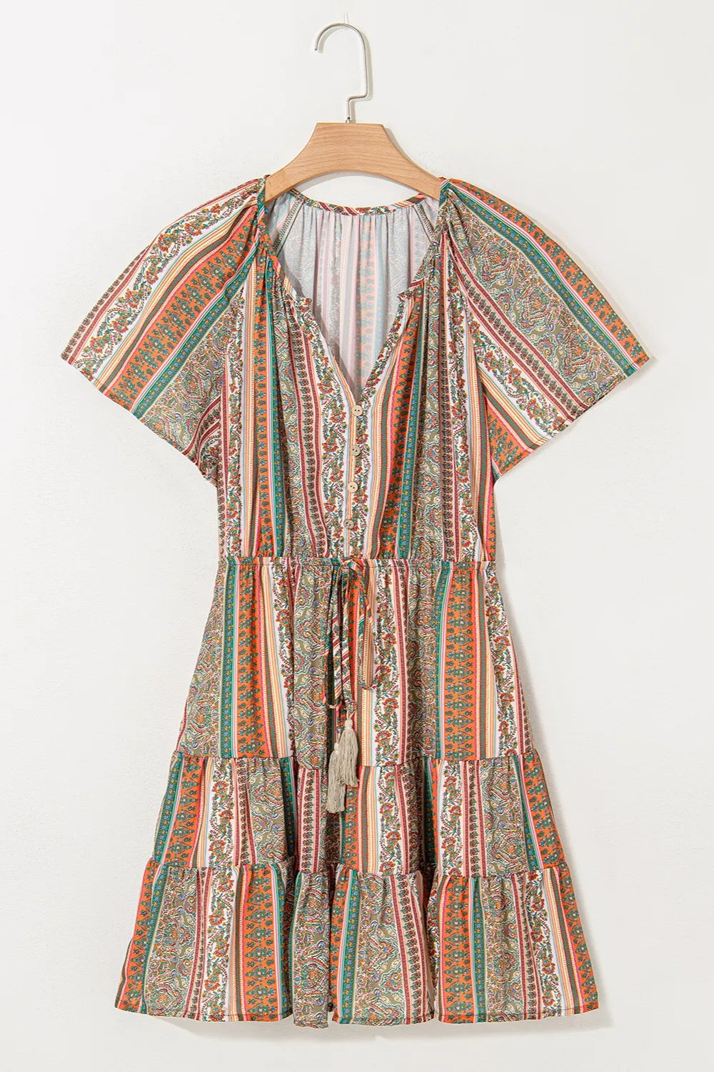 Bohemian Floral Print Buttoned V Neck Ruffle Tiered Dress
