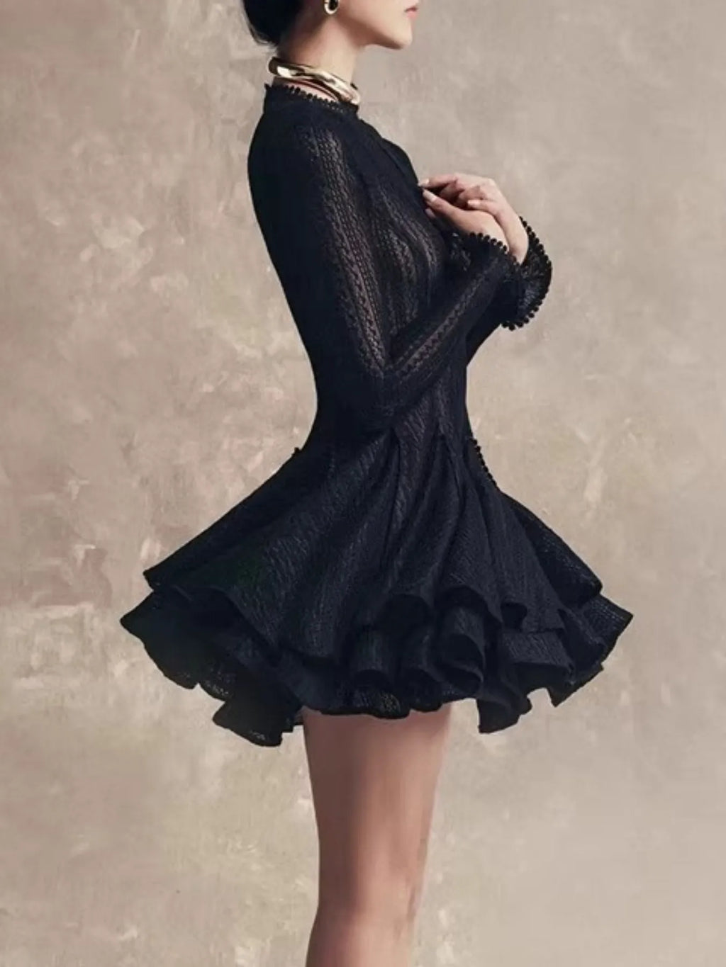 Layered Round Neck Long Sleeve Dress