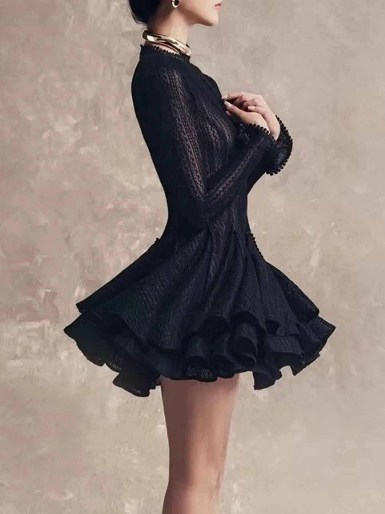 Layered Round Neck Long Sleeve Dress