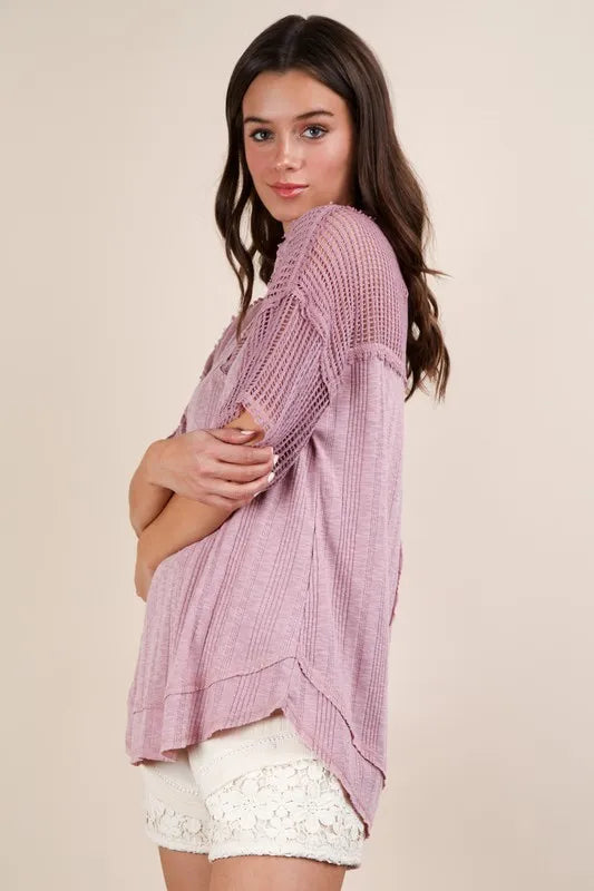 VERY J Oversized Contrast Knit Comfy Casual Top