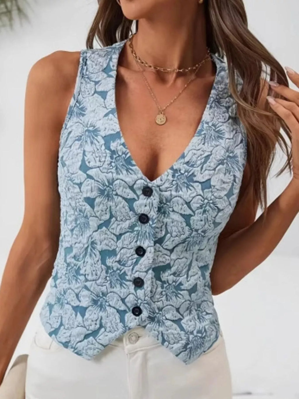 Floral Jacquard Button-Front Vest Coat