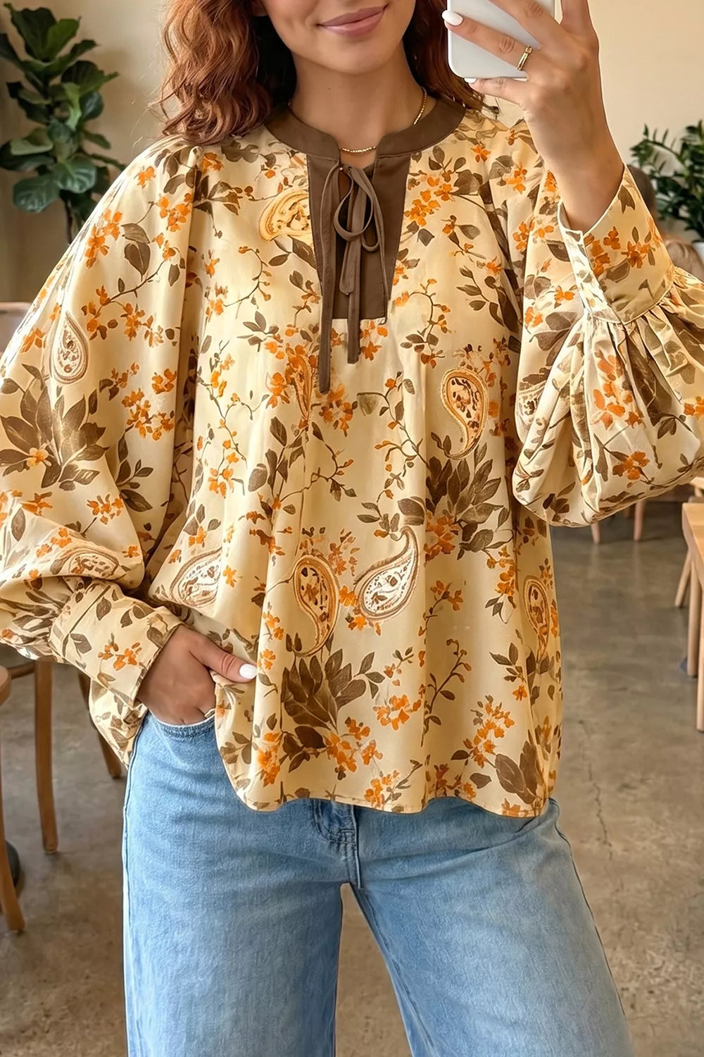 Paisley Print Tie Neck Long Sleeve Shift Top
