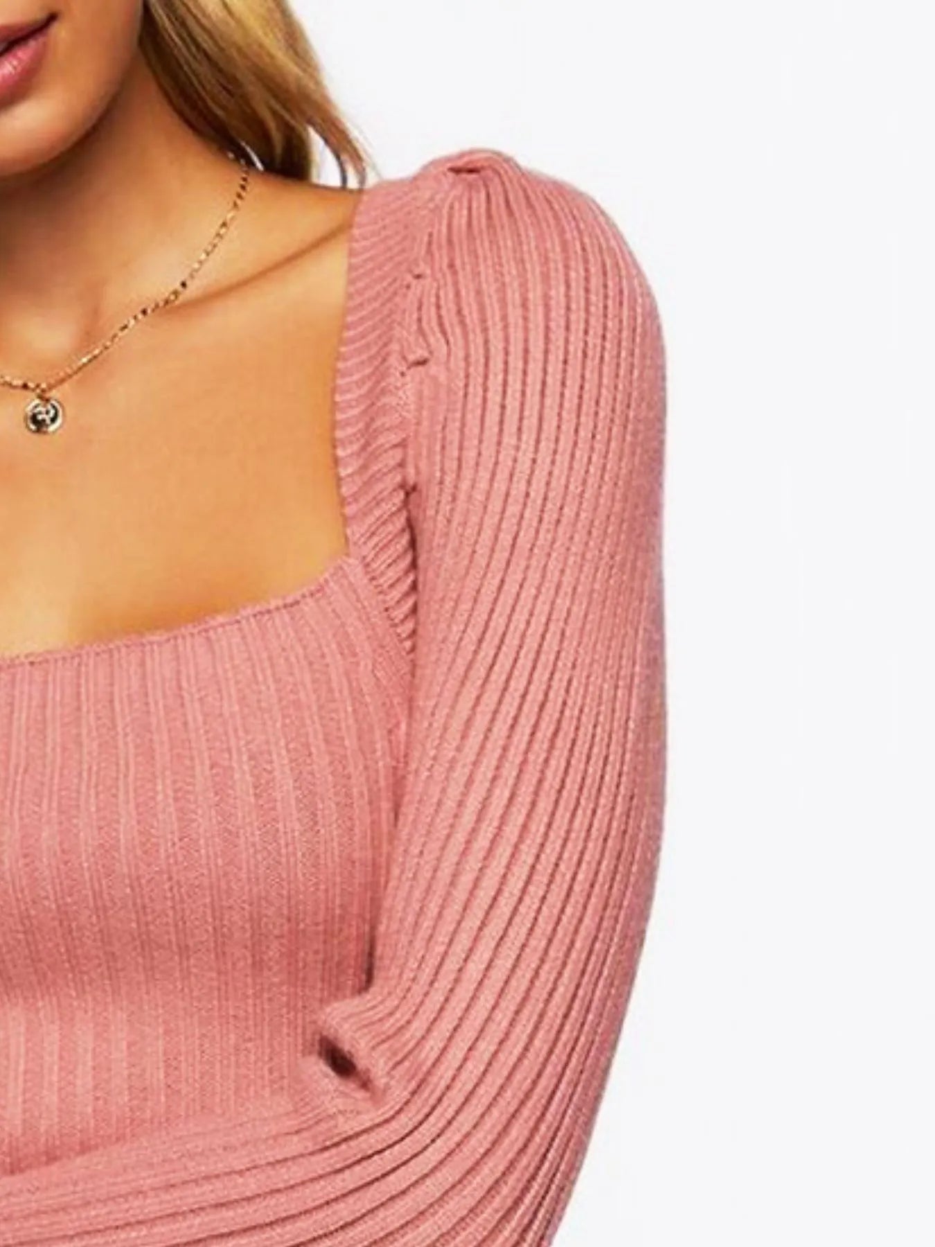 Ribbed Square Neck Long Sleeve Sweater