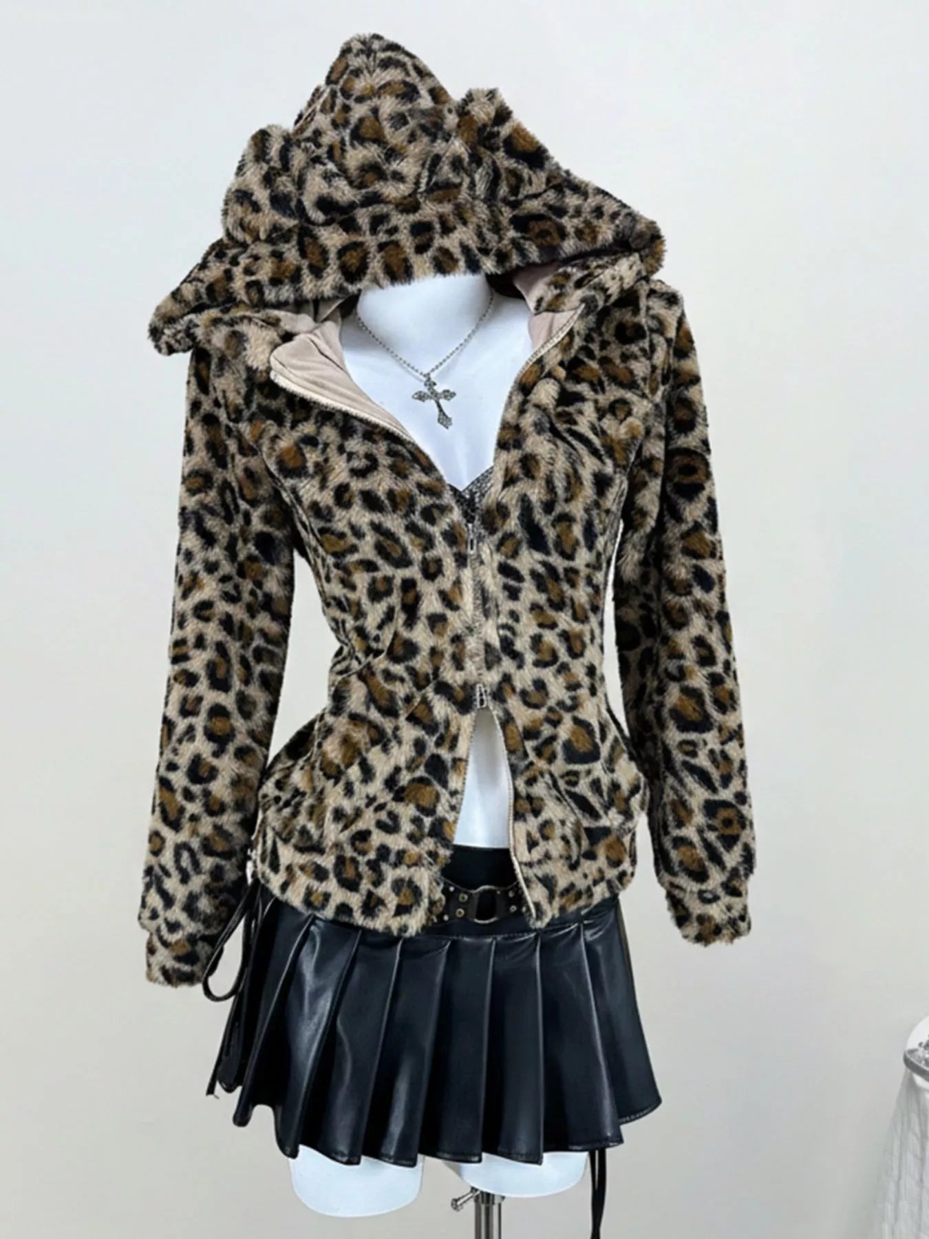 Leopard Plush Zip-Up Hooded Outerwear