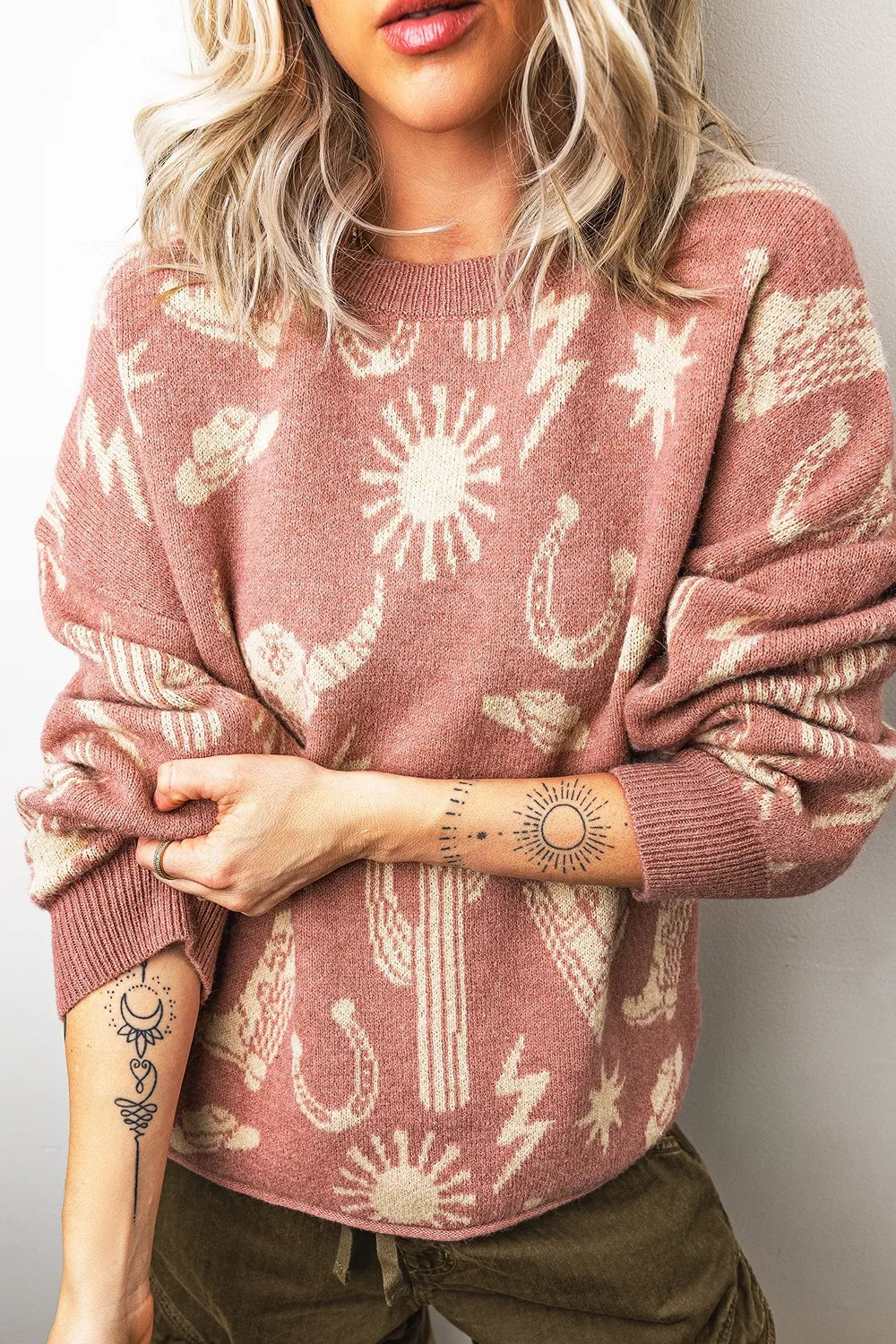 Western Graphic Round Neck Sweater