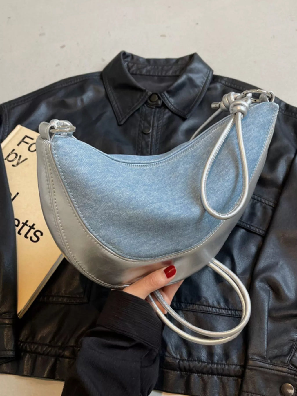 Denim Crescent Hobo Crossbody Bag