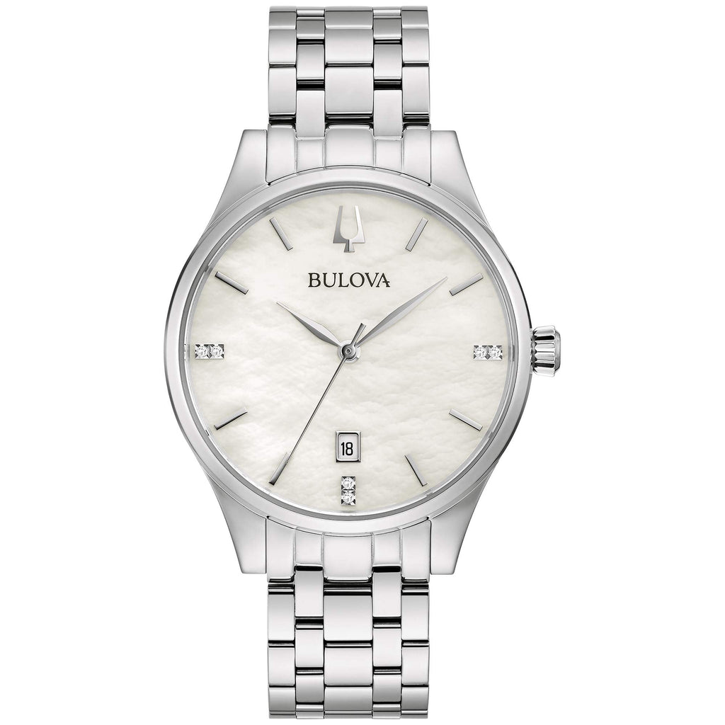 Bulova Ladies Classic Diamond Dial Stainless Steel 3-Hand Calendar Date Quartz Watch White Mother-of-Pearl Style: 96P220