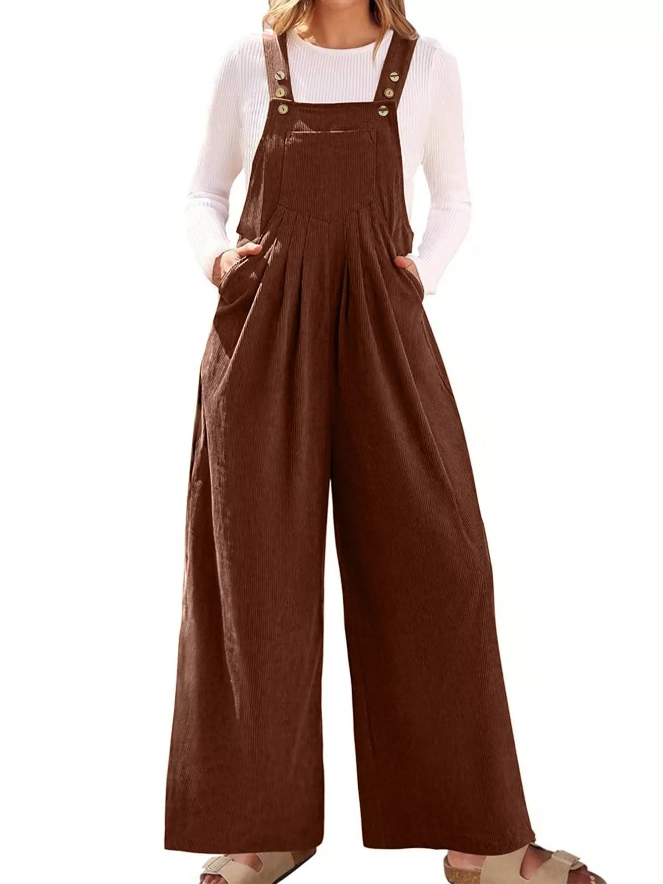 Front Ruched Wide Leg Jumpsuit with Pockets