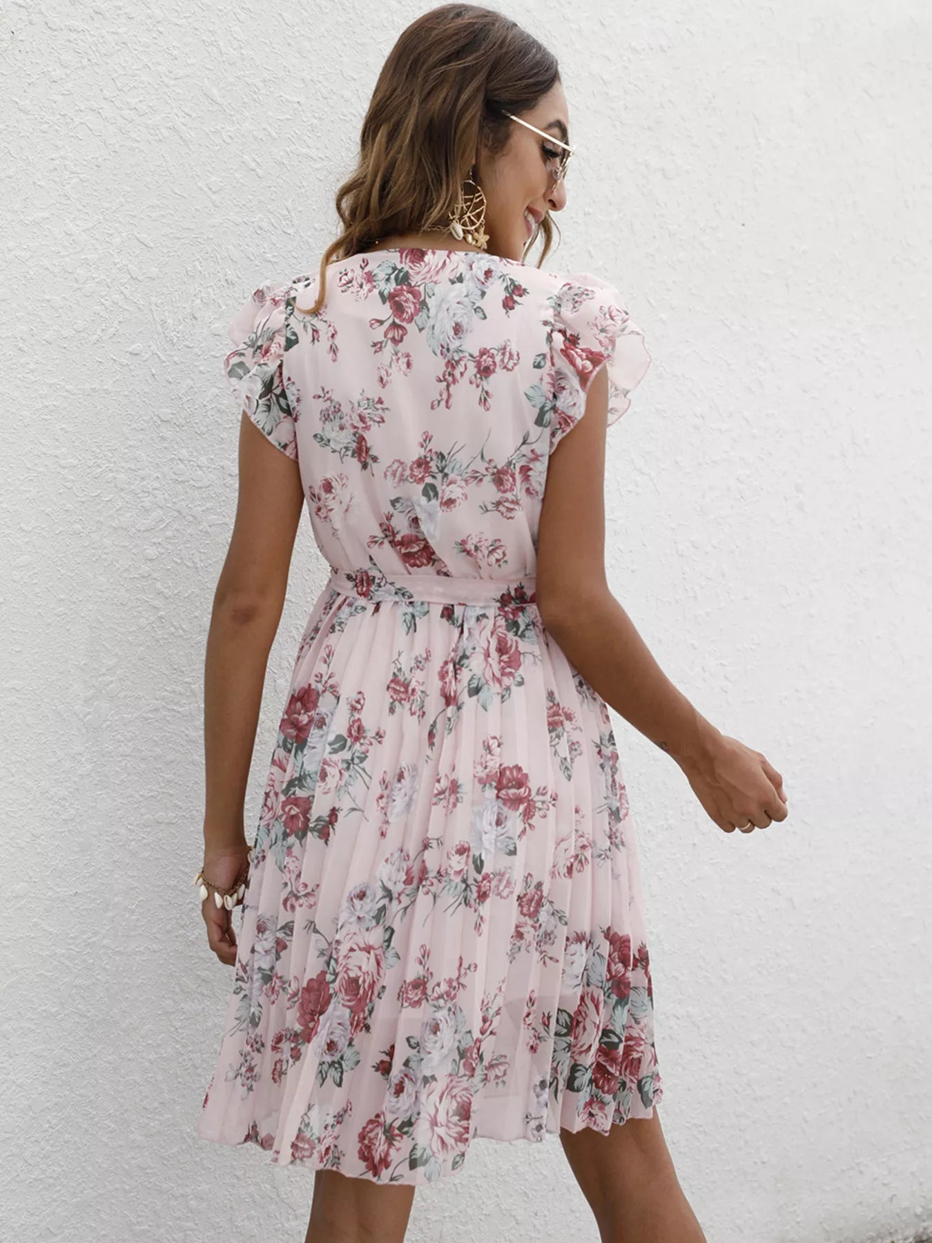 Pleated Floral Print Ruffle Sleeve Dress