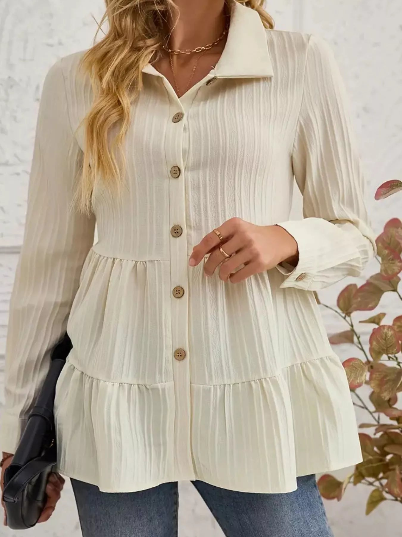 Button-Down Long Sleeve Tiered Shirt