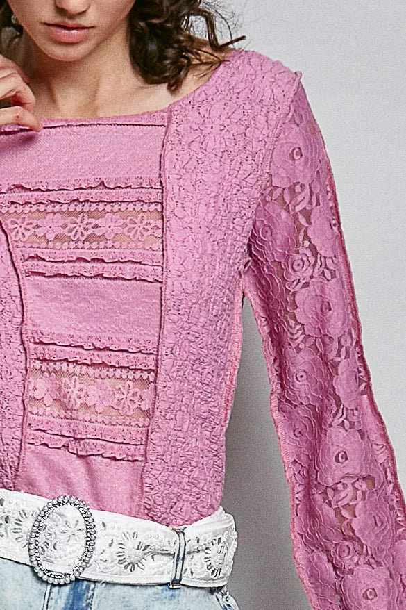 POL Round Neck Long Sleeve Exposed Seam Top with Lace Detail