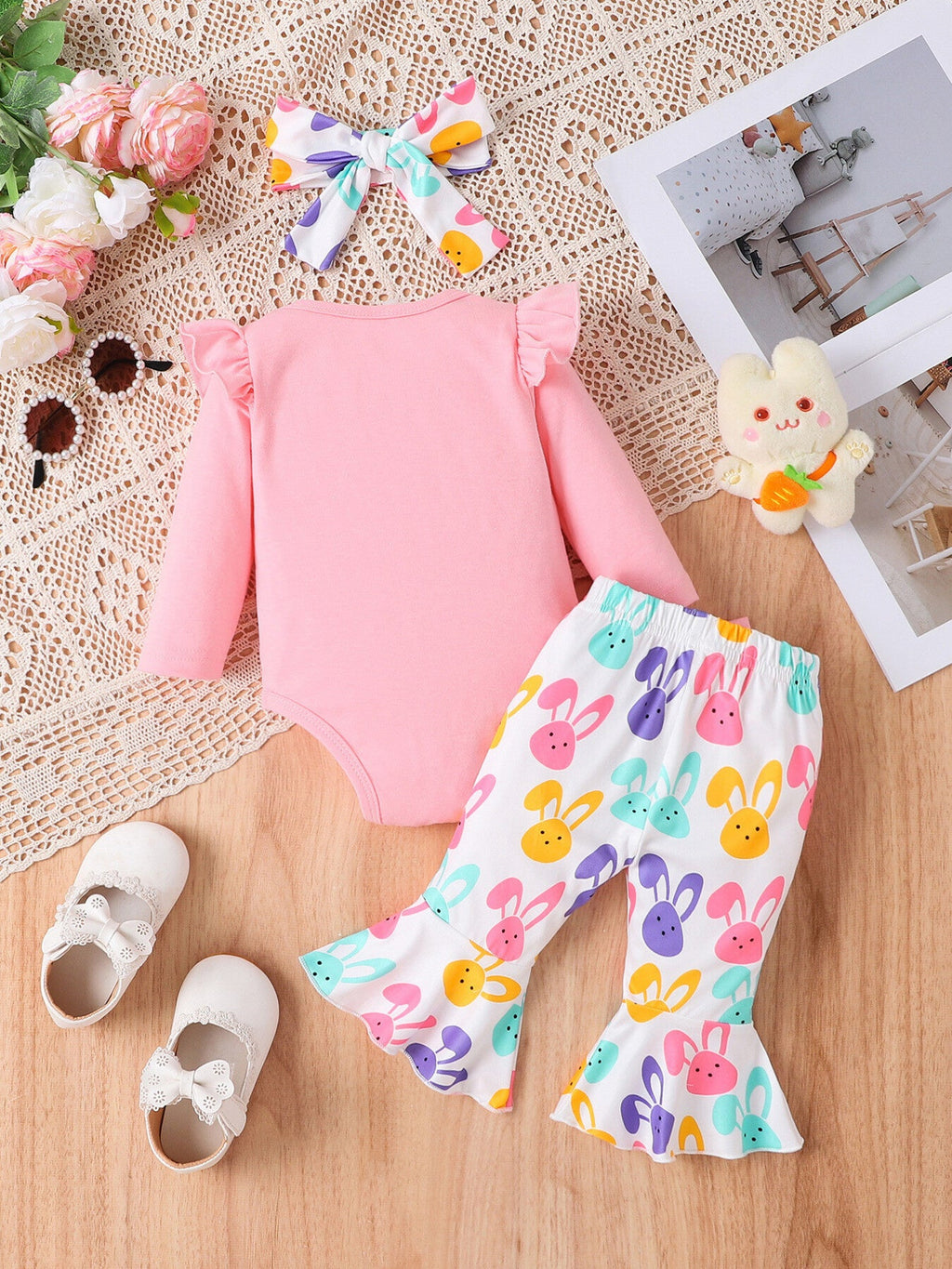 Children's Letter Ruffled Trim Bodysuit and Pants Set with Headband