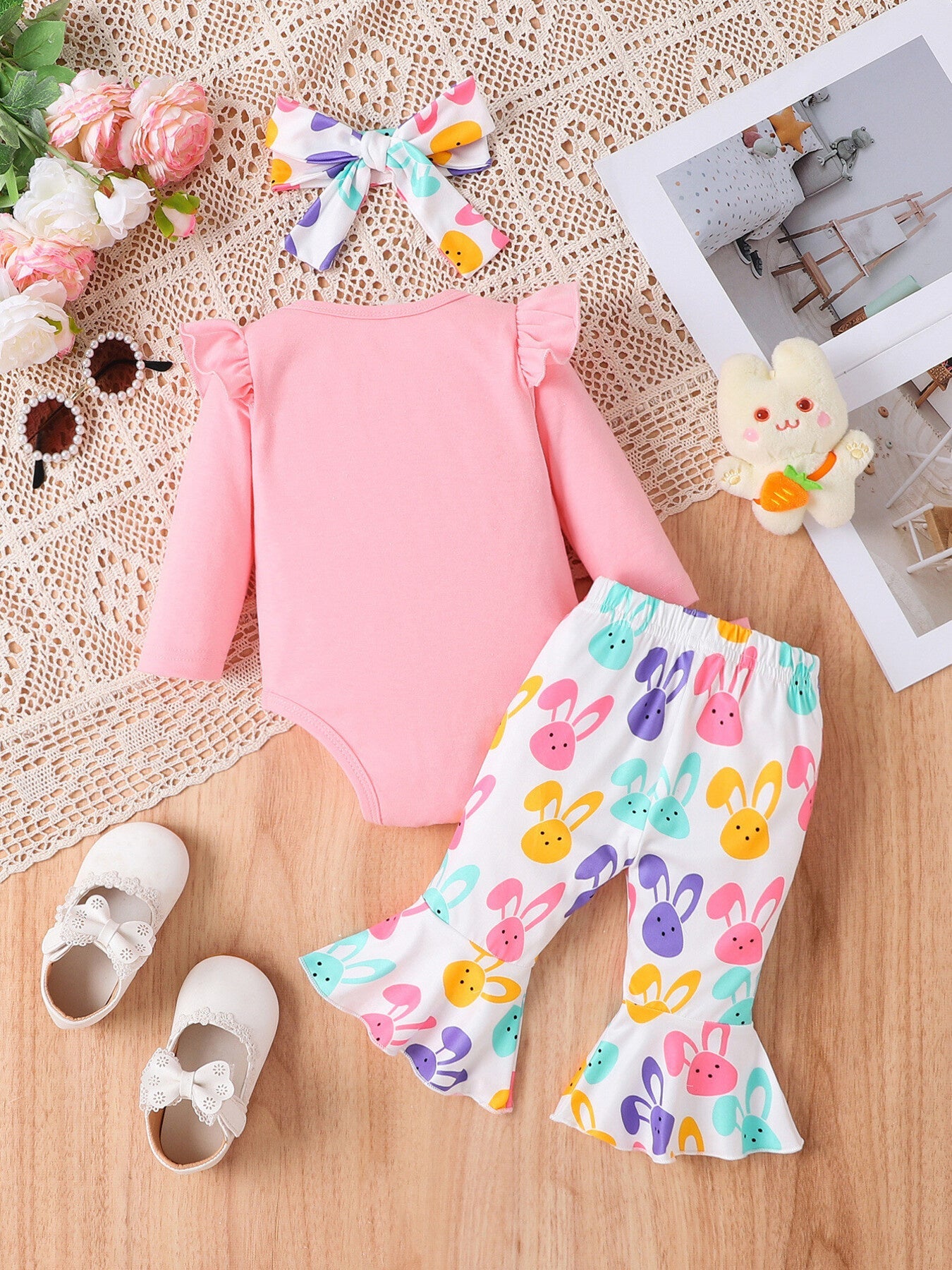 Children's Letter Ruffled Trim Bodysuit and Pants Set with Headband