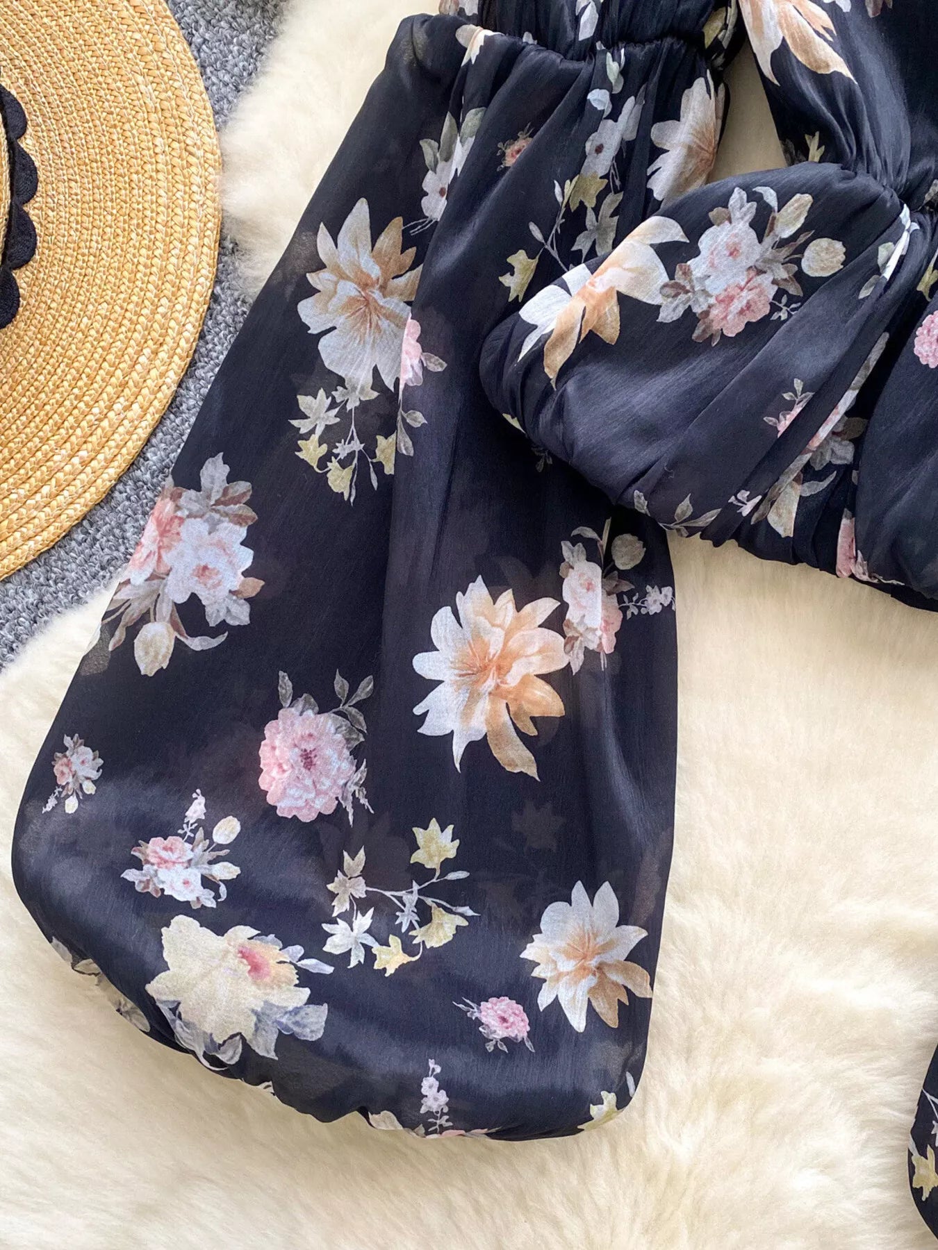 Floral Print Chiffon Balloon Sleeve Blouse