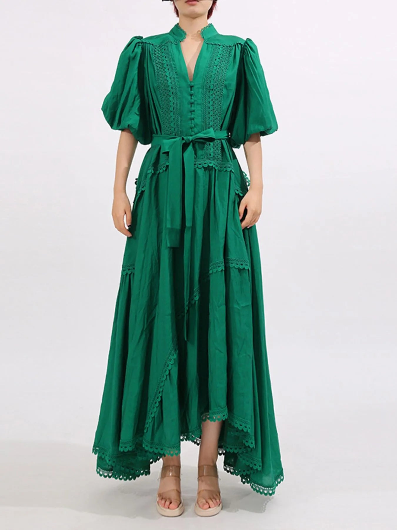 Lace Detail Notched Puff Sleeve Maxi Dress