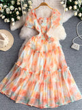 Smocked Floral Tiered Mesh Midi Dress