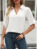 Johnny Collar Roll-Up Sleeve Blouse