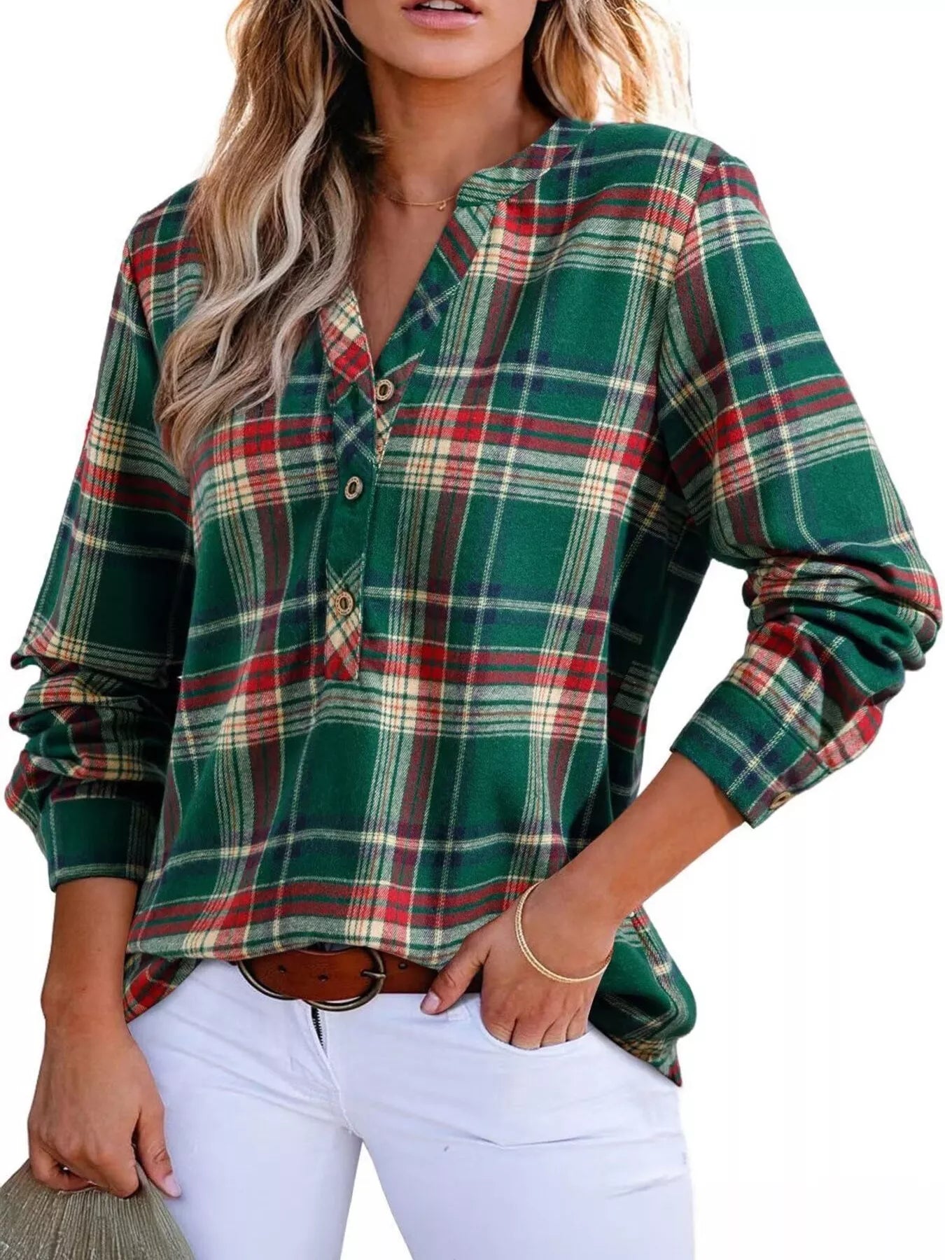 Plaid Half Button Long Sleeve Blouse