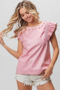BiBi Leather Smocked Ruffled Top