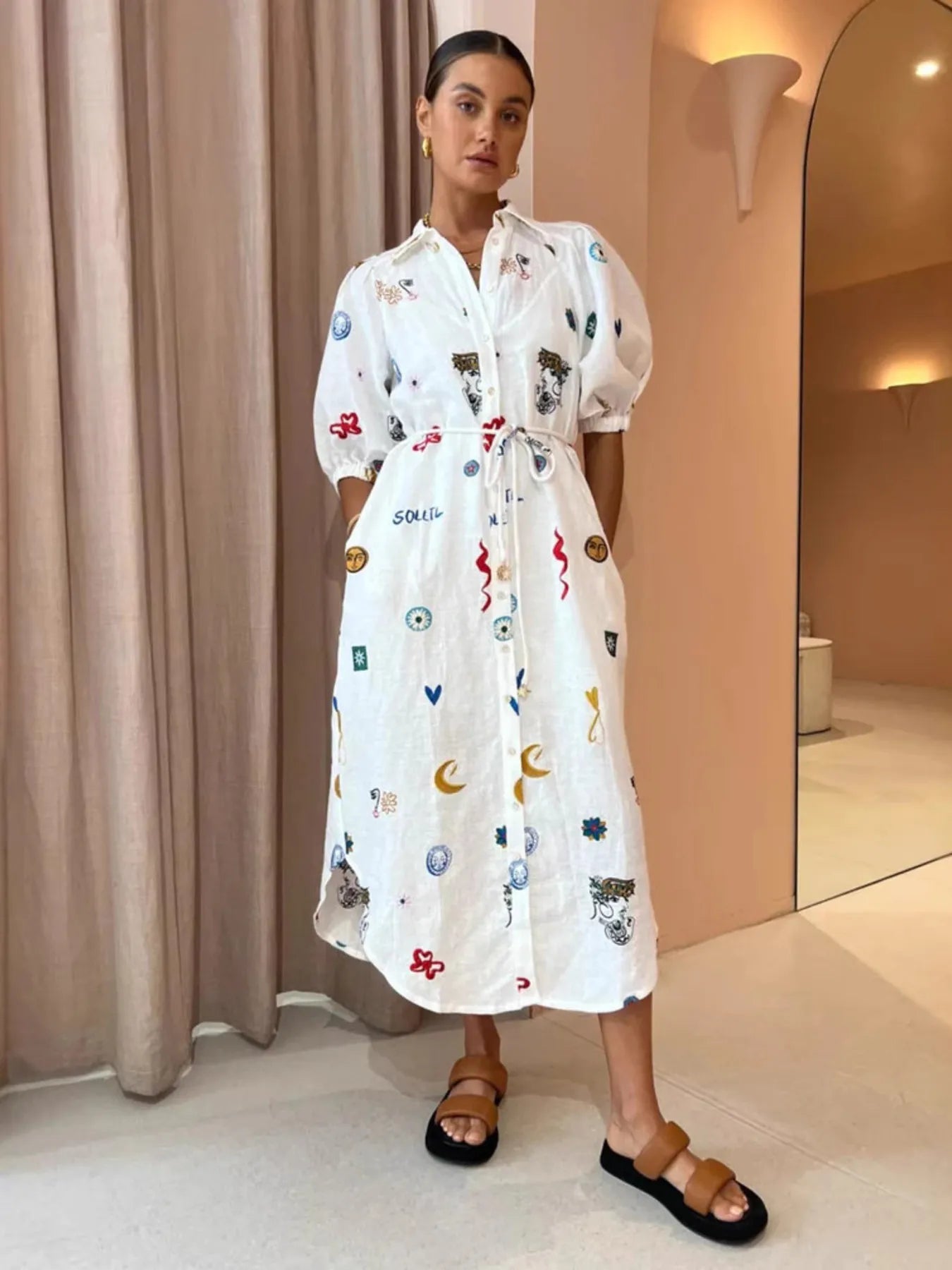 Printed Button Up Midi Shirt Dress