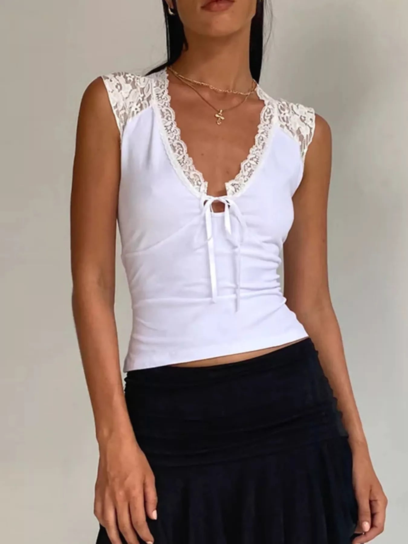 Lace Trim V-Neck Sleeveless Tank Top with Front Tie