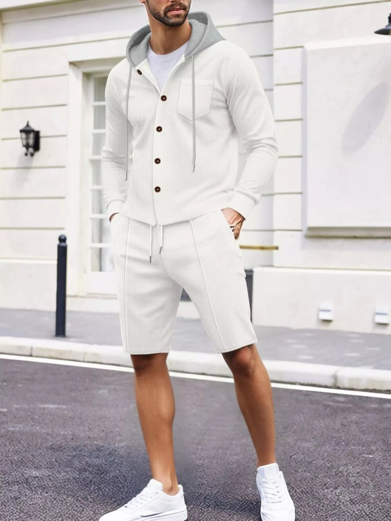 Men's Full Size Casual Hooded Button-Up Top and Shorts Set Plus Size